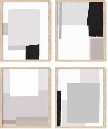 HAUS AND HUES Juego de 4 arte abstracto minimalista para pared, impresiones modernas neutrales, decoración de pared en negro, blanco y gris, arte