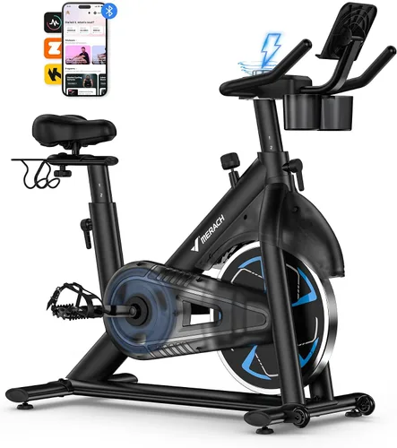 Merach Bicicleta estática magnética, bicicleta estacionaria de bajo ruido para el hogar con cómodo cojín de asiento, bicicleta giratoria con