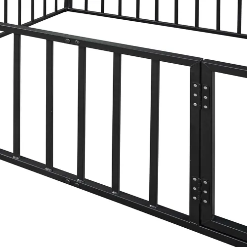 Miniatura 9 de Harper & Bright Designs Cama de suelo Queen con rieles de valla y puerta, cama de piso de metal Queen para niñas y niños, cama de suelo Montessori
