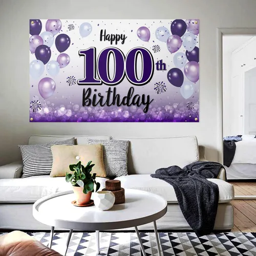 Miniatura 4 de Decoraciones de feliz cumpleaños número 100, cartel de fondo grande de globos morados de 100 años, suministros para fiesta de cumpleaños de 100 años.