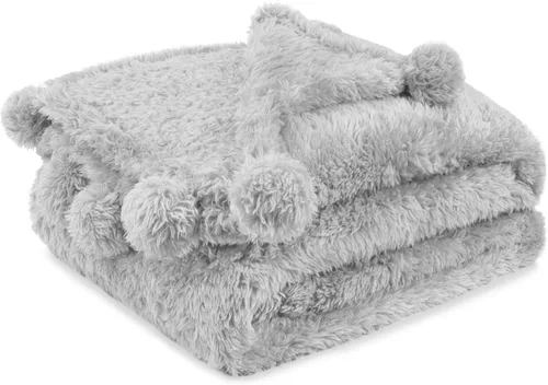 Miniatura 23 de PAVILIA Manta de sherpa negra para sofá, cálida manta de felpa con pompones, manta mullida para sofá, ligera, suave y acogedora con pompones, 50 x