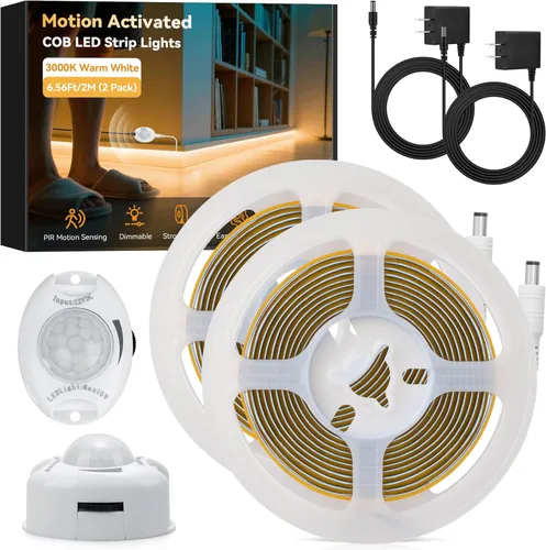 Tira de luces LED COB con sensor de movimiento para debajo de la cama, 2 tiras de luz LED blanca cálida activada por movimiento para mesita de