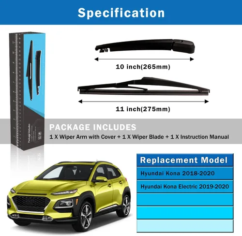 Miniatura 6 de WTI Juego de limpiaparabrisas trasero compatible con Hyundai Kona 2018-2022 / Compatible con Hyundai Kona Electric 2019-2022, kit