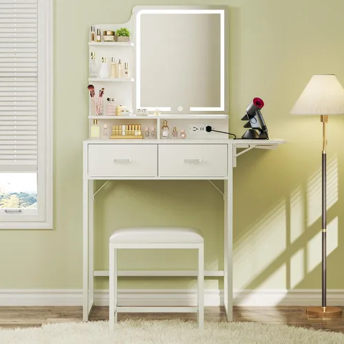 Miniatura 7 de HUAHUU Pequeño escritorio de tocador con espejo y luces, tocador de maquillaje con cajón de almacenamiento de tela, silla y tres estantes, tocador
