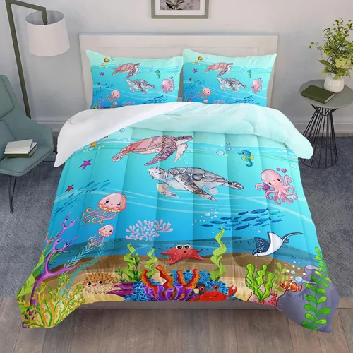 Miniatura 3 de Juego de edredón de tortuga con aguada oceánica, juego de ropa de cama de tortuga para cama individual, juego de cama con peces tropicales y vida