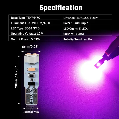 Miniatura 6 de 10 bombillas LED T5 extremadamente brillantes rosa púrpura 3014 chipsets 74 2721 37 73 17 bombillas LED para interior del tablero de instrumentos