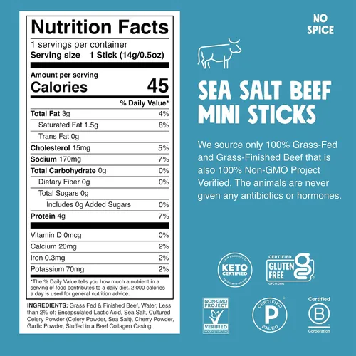 Miniatura 2 de Chomps Palitos de Carne Seca de Res Alimentada con Pasto y Terminada con Sal Marina Tamaño Snack 0.5oz Paquete de 24 - Keto, Paleo, Whole30, 4g