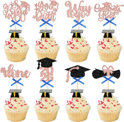Miniatura 8 de Gyufise 1 paquete de decoración de pastel de graduación 2025 con purpurina de felicitaciones clase de 2025, decoración de pastel de diploma 2025
