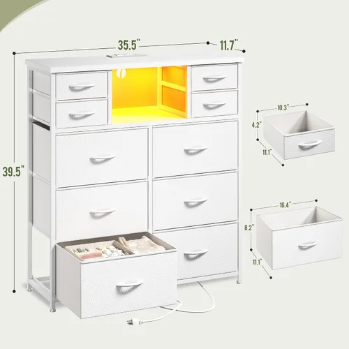 Miniatura 3 de Romorgniz - Cómoda blanca para dormitorio con 10 cajones con luz LED y toma de corriente, cómodas de tela y cómoda con estantes abiertos para Blanco