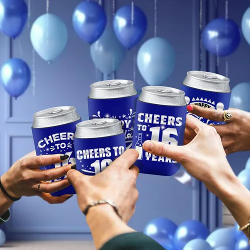Miniatura 5 de Decoración de manga enfriadora de latas de cumpleaños número 16, 24 piezas de recuerdos de fiesta para niñas y niños, suministros de decoración