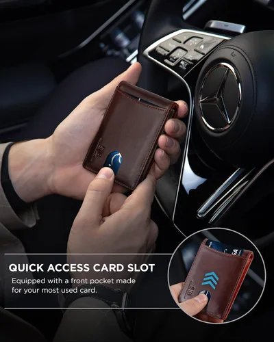 Miniatura 33 de SERMAN BRANDS - Billetera sencilla de cuero genuino con bloqueo RFID para hombre, billetera delgada con bolsillo frontal y clip para dinero