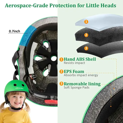 Miniatura 3 de KAMUGO - Casco ajustable para niños, con equipo de protección deportiva, rodilleras, coderas, muñequeras para niños de 2 a 8 años, para niños y Verde