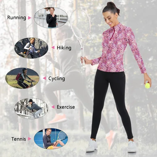 Miniatura 167 de WOWENY Camiseta deportiva de manga larga para mujer, con cremallera de un cuarto, cuello para entrenamiento, camiseta de tenis con estampado