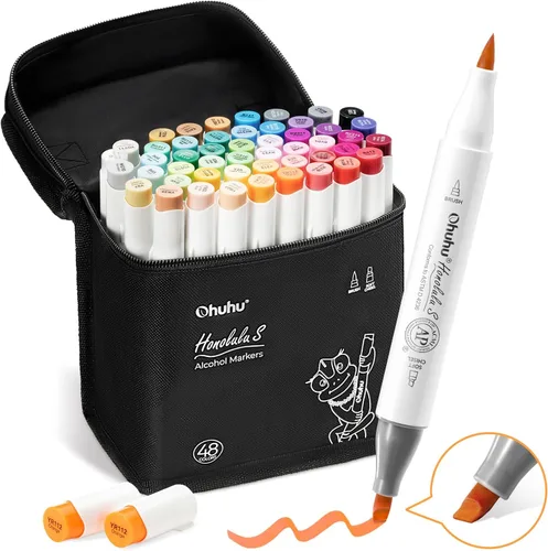 Rotuladores de Alcohol Ohuhu con Pincel y Cincel Suave: Certificados AP de 48 Colores con Puntas Dobles, Marcadores de Dibujo para Artistas,