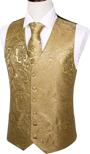 Miniatura 4 de Barry.Wang Chaleco formal de los hombres Paisley Jacquard seda corbata traje chaleco conjunto boda 5PCS
