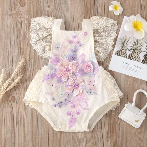 Miniatura 2 de ODASDO Mameluco de encaje para bebé niña, delicado bordado sin espalda, con diadema de flores, 2 piezas, traje de pastel