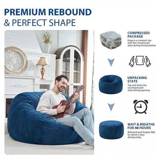 Miniatura 250 de Puf de 5 pies, puf grande con relleno de espuma viscoelástica, sofá puff esponjoso con funda de terciopelo holandés, puf redondo para sala de estar