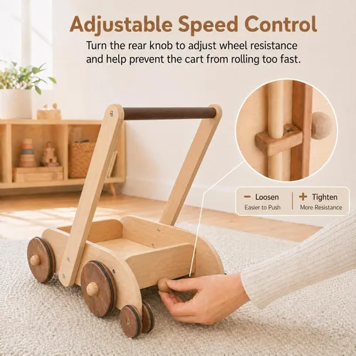 Miniatura 5 de Woodtoe Andador de madera para bebés, juguete de empuje antivuelco de velocidad ajustable para bebés que aprenden a caminar, juguetes naturales