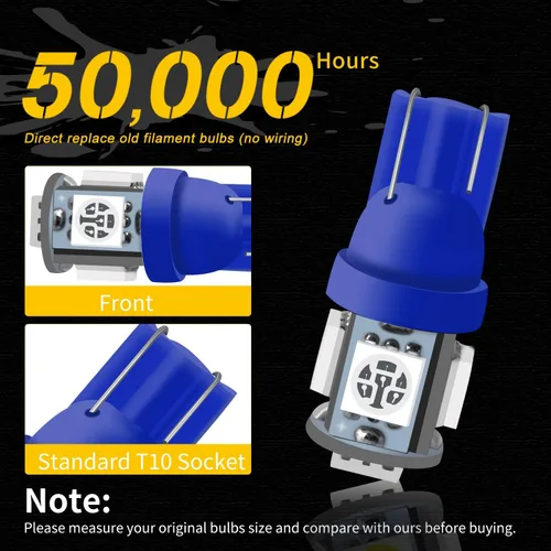 Miniatura 4 de Qasim Bombilla LED azul de 194, T10 W5W 2825, 158, 192, 168, 194, cuña 5-SMD 5050, ultra azul, para interior del automóvil, 12 V CC (paquete de 10)