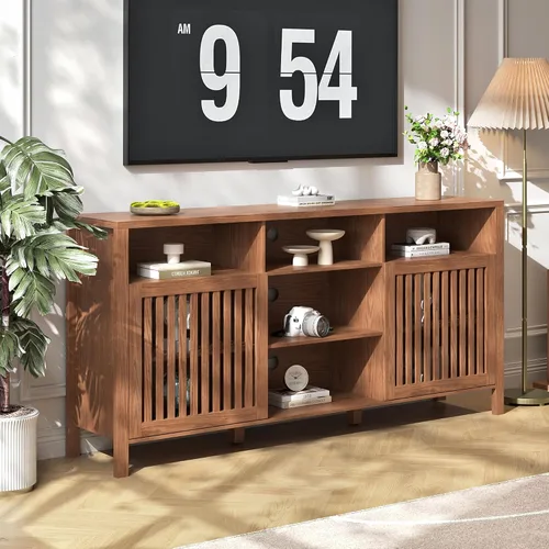 Miniatura 2 de BVIUNTWO - Soporte de TV Farmhouse marrón con puertas con rejilla, 5 compartimentos de almacenamiento abiertos, consola multimedia de 65