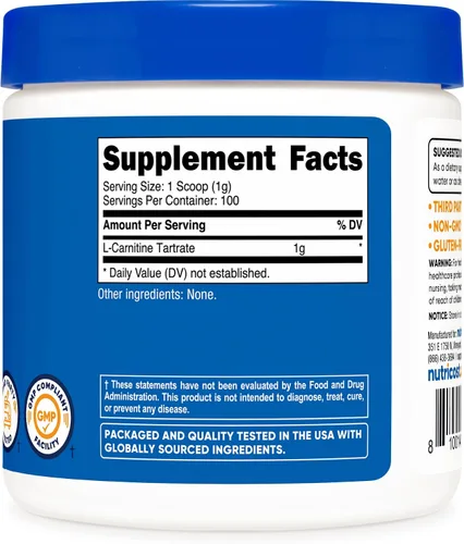 Miniatura 5 de Nutricost Tartrato de L-carnitina en polvo (3.53 oz) - 0.04 oz por porción; 100 porciones