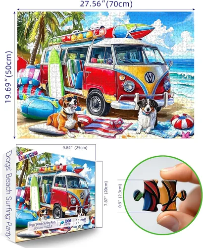 Miniatura 2 de Rompecabezas de 1000 piezas para adultos, camioneta de playa de verano con tema de perros, 27.56 x 19.69 pulgadas, alivio del estrés y decoración