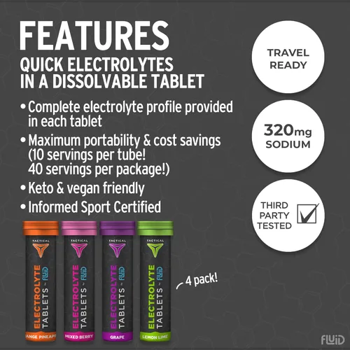 Miniatura 2 de Fluid Tactical - 40 tabletas de electrolitos efervescentes Paquete variado 320 mg de sodio, 160 mg de potasio Prevención de deshidratación
