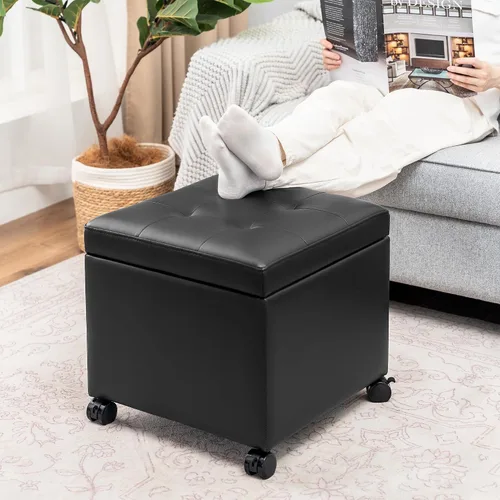 Adeco Otomana moderna de cuero con ruedas, otomana cuadrada negra rodante de 18.8" con almacenamiento, taburete de tocador tapizado acolchado con