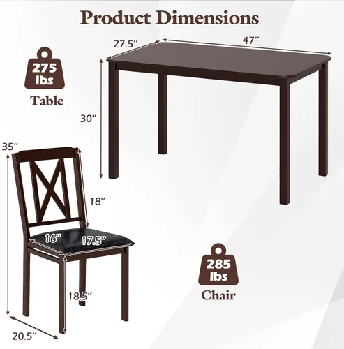 Miniatura 7 de Giantex Juego de mesa de comedor de 5 piezas para 4, mesa de cocina rectangular de 47 pulgadas y 4 sillas con patas de madera de goma, asiento