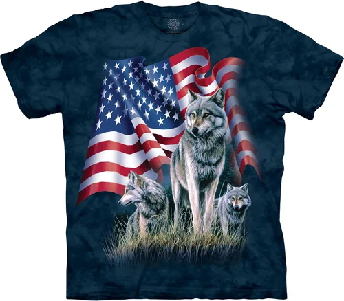 The Mountain Camiseta unisex con la bandera del lobo Premium, teñida a mano Camiseta patriótica de Estados Unidos