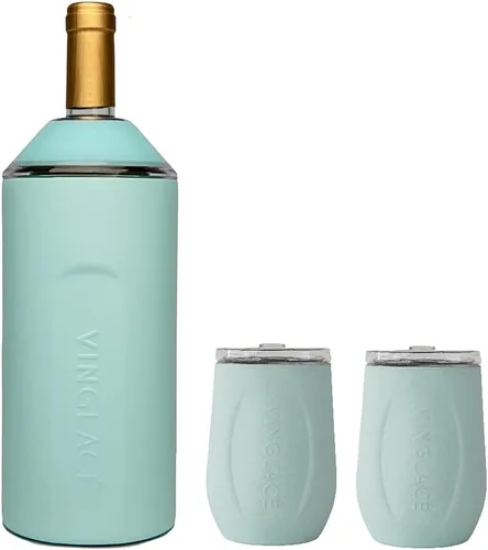 Miniatura 7 de Vinglacé Juego de regalo enfriador de botellas de vino, enfriador de vino portátil de acero inoxidable con 2 copas de vino sin tallo, color negro