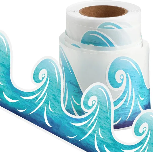 Tablero de anuncios con borde autoadhesivo de olas del océano, color azul turquesa, papel con borde de tablón de anuncios, decoración de aula,