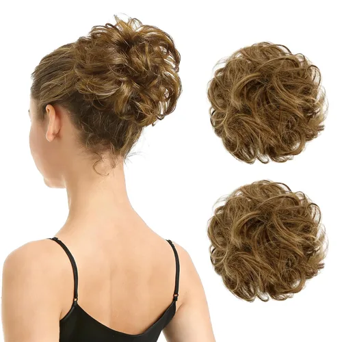 Miniatura 19 de BARSDAR Extensión de moño 100% humano – Cabello humano real rojo desordenado moño coletero para mujer – Extensiones elásticas onduladas