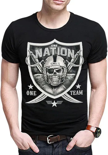 Miniatura 2 de One Nation One Team - Camiseta unisex de cuello redondo con diseño de calavera y espada en negro y blanco y plateado