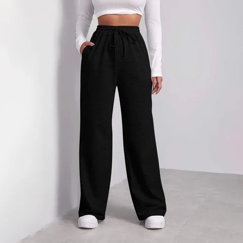 Miniatura 2 de Pantalones deportivos holgados de pierna ancha para mujer, de forro polar, cintura alta, con bolsillos, ligeros, cómodos, con cordón