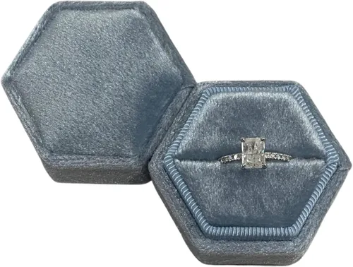 Miniatura 2 de Caja de anillo hexagonal de terciopelo, 1 ranura para compromiso y ceremonia de boda, exhibición plana y almacenamiento (azul claro)