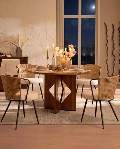 Miniatura 8 de BedsPick Juego de 4 sillas de comedor de ratán, sillas de cocina de ratán de polietileno tapizadas de granja con cojín de bucle, asiento de comedor