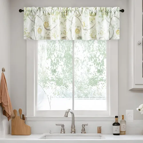 Miniatura 30 de Leeva Cortinas rústicas de cocina con estampado floral verde mezclado de lino para media ventana, para comedor, bolsillo para barra, cafetería