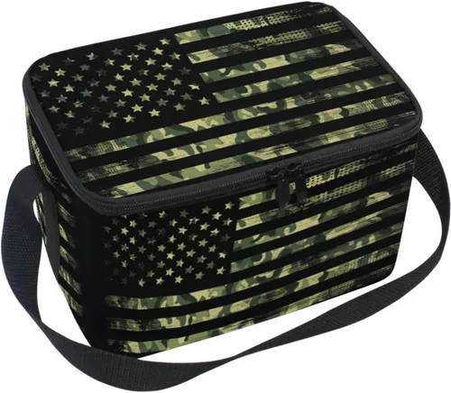 Naanle Bolsa de almuerzo de lona aislada con cremallera para niños, adultos, hombres y mujeres, camuflaje con bandera estadounidense de correa