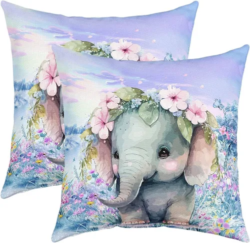 Castle Fairy Juego de 2 fundas de almohada Kawaii con diseño de elefante, diseño de animales salvajes y flores rosas en acuarela, 16 x 16 pulgadas,