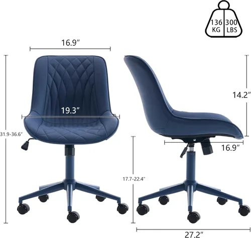 Miniatura 2 de YOUNIKE Silla de oficina ergonómica de piel sintética sin brazos, cómoda silla de escritorio con respaldo mecedor, bonita silla giratoria con Azul