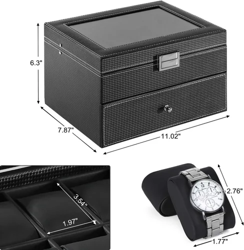 Miniatura 7 de BASTUO Caja de reloj 20 relojes organizador de exhibición de cuero de fibra de carbono de lujo, caja de colección de joyas para hombres y mujeres