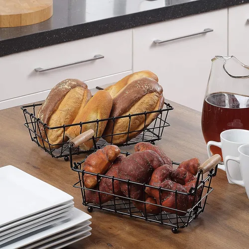 Miniatura 4 de SunnyPoint Cesta rectangular de alambre para pan de frutas de 2 niveles (negro, metal)