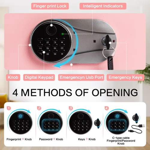 Miniatura 6 de Caja de seguridad biométrica de 0.6 pies cúbicos, caja de seguridad con huella dactilar con bolsa ignífuga, estante removible, sistema de alarma