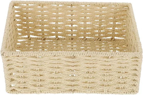 VOSAREA Cesta de almacenamiento de ratán con tapa, cuerda de papel, organizador de escritorio, cesta de mimbre para dormitorio, organizador de