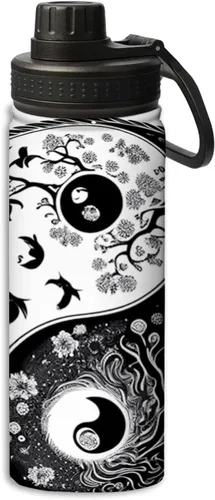 Miniatura 26 de Hermosa botella de agua de acero inoxidable de 18 onzas con patrón circular de mandala dorada, botella de agua deportiva de doble pared aislada al