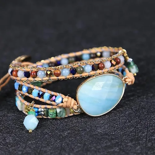 Miniatura 7 de ZOSOJONA Pulsera envolvente para mujer, estilo bohemio, con cuentas de cristal de jaspe natural, Cuero, Ágata