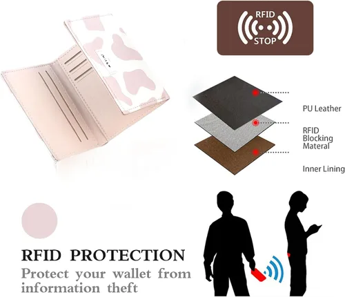 Miniatura 5 de CONISY Lindas carteras para mujer, de cuero con bloqueo RFID, pequeña cartera triple con ventana de identificación para niñas y mujeres