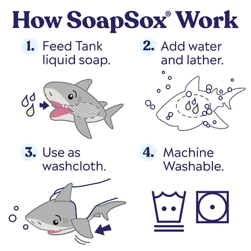 Miniatura 2 de SoapSox Exfoliante de Baño para Niños (Tank the Shark) - Esponja de Paño de Lavado de Juguete Animal Suave con Inserto de Bolsillo de Jabón