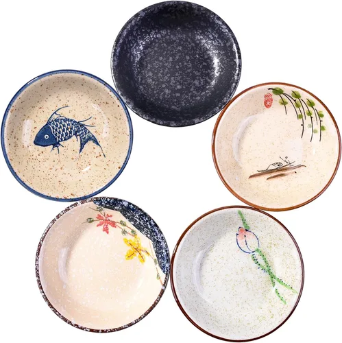 Miniatura 7 de Juego de 5 platos de cerámica para salsas, cuencos pequeños bohemios, coloridos platos geométricos y florales para salsa de soja, aptos
